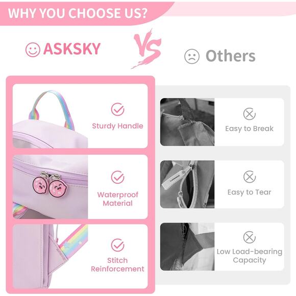 Cute Girls School Backpack Purple Pink Waterproof Bookbag with Keychain Gift - Picture 7 of 14